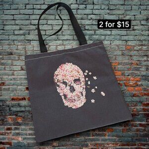 Skull Floral Black & Pink Rose Petals Painted Fabric Canvas Strap Everyday Tote